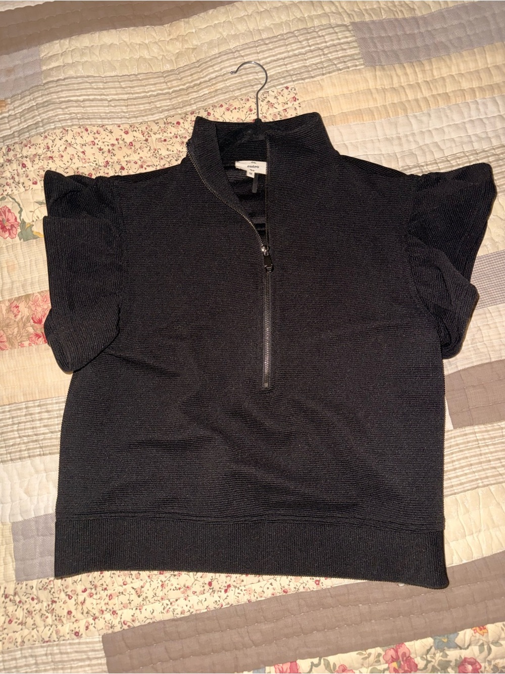 Cozy Black Half-Zip Short Flutter Sleeve